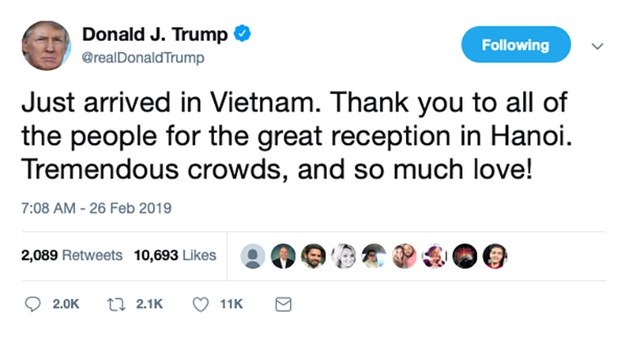 Chia sẻ của tổng thống Donald Trump trên trang Twitter cá nhân sau khi đặt chân đến Việt Nam (Ảnh: Twitter)