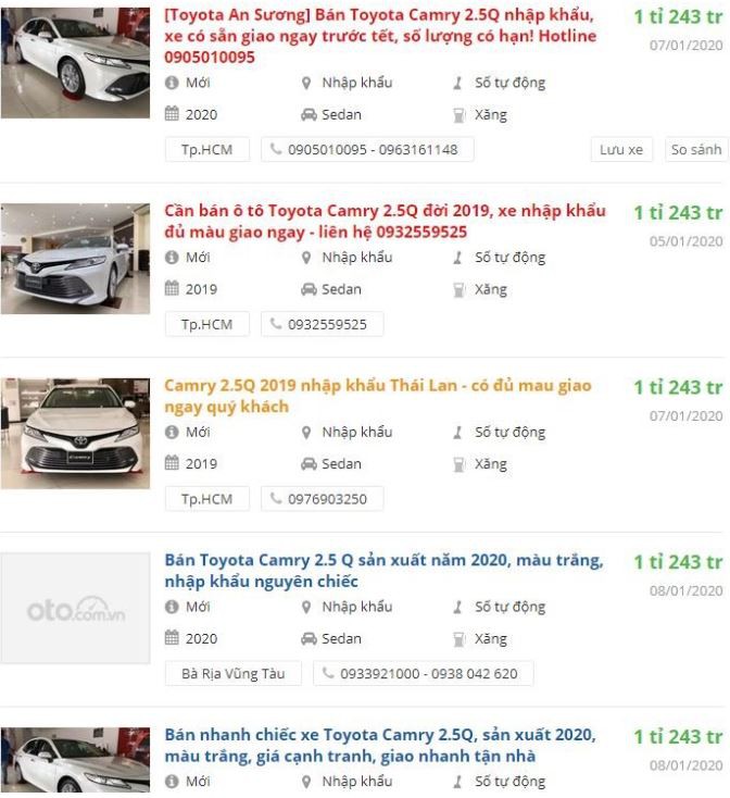 Giá xe Toyota Camry 2020 bị bán chênh tại một số đại lý (Ảnh: Oto.com.vn)